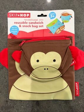 Skip Hop Brown and Red Monkey Reusable Sandwich & Snack Bag Set